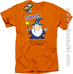 Inżynier CZARODZIEJ - koszulka męska dla inżyniera z okazji obrony inżyniera pomarańczowa