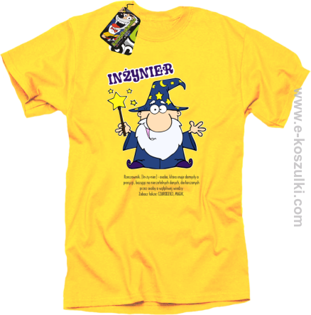 Inżynier CZARODZIEJ - koszulka męska dla inżyniera z okazji obrony inżyniera żółta
